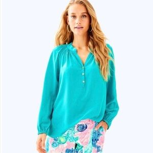 Lilly Pulitzer 100% Silk Evergreen Long-Sleeve Smocked Yoke Tunic M NWT